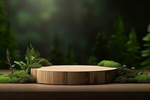 Round wood podium with grass and plants in the background for product display generative by ai photo