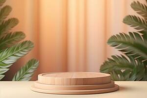 Wood pedestal podium with leaf in background for product presentation generative by ai photo