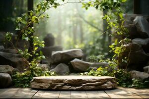 Natural wooden podium for product display in front of the forest generative by ai photo