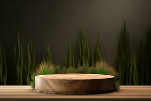 Round wood podium with grass and plants in the background for product display generative by ai photo