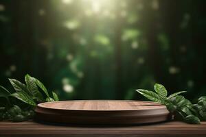 Wood pedestal podium with leaf in background for product presentation generative by ai photo