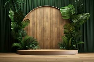 Wood pedestal podium with leaf in background for product presentation generative by ai photo