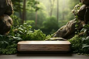 Natural wooden podium for product display in front of the forest generative by ai photo