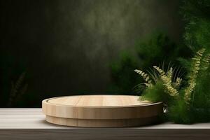 Round wood podium with grass and plants in the background for product display generative by ai photo