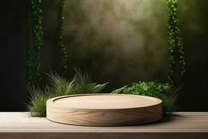Round wood podium with grass and plants in the background for product display generative by ai photo