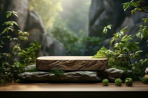 Natural wooden podium for product display in front of the forest generative by ai photo