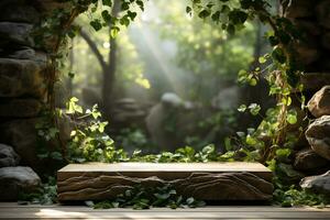 Natural wooden podium for product display in front of the forest generative by ai photo