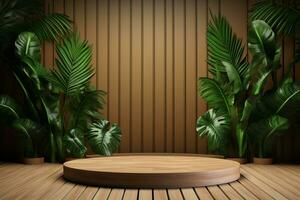 Wood pedestal podium with leaf in background for product presentation generative by ai photo