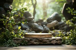 Natural wooden podium for product display in front of the forest generative by ai photo