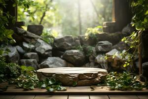 Natural wooden podium for product display in front of the forest generative by ai photo