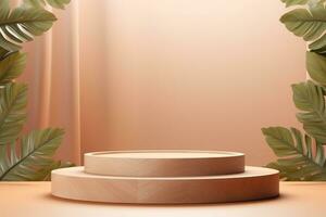 Wood pedestal podium with leaf in background for product presentation generative by ai photo