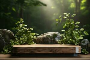 Natural wooden podium for product display in front of the forest generative by ai photo