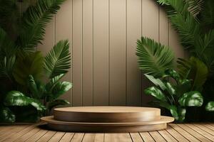 Wood pedestal podium with leaf in background for product presentation generative by ai photo