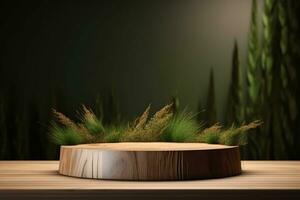 Round wood podium with grass and plants in the background for product display generative by ai photo