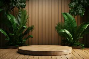 Wood pedestal podium with leaf in background for product presentation generative by ai photo