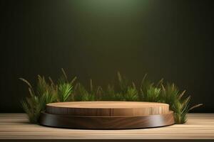 Round wood podium with grass and plants in the background for product display generative by ai photo