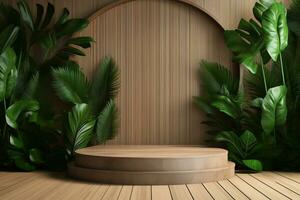 Wood pedestal podium with leaf in background for product presentation generative by ai photo