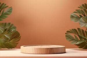 Wood pedestal podium with leaf in background for product presentation generative by ai photo