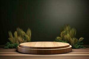 Round wood podium with grass and plants in the background for product display generative by ai photo