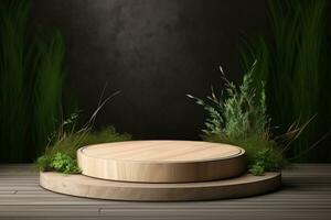 Round wood podium with grass and plants in the background for product display generative by ai photo