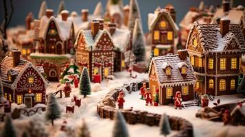 ai generativo Navidad pan de jengibre casas y pueblo cerca arriba Disparo de decorado pan de jengibre galletas foto