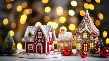 ai generativo Navidad pan de jengibre casas y pueblo cerca arriba Disparo de decorado pan de jengibre galletas foto