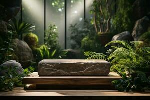 Natural rock stone podium for product display in front of the forest generative by ai photo