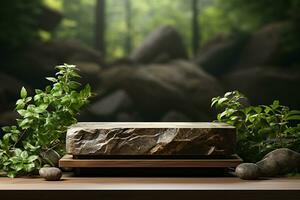 Natural wooden podium for product display in front of the forest generative by ai photo