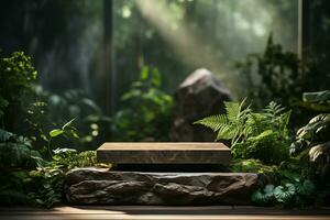 Marble stone podium for product display in front of the forest generative by ai photo