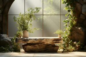 Natural wooden podium for product display in front of the forest generative by ai photo