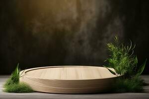 Round wood podium with grass and plants in the background for product display generative by ai photo