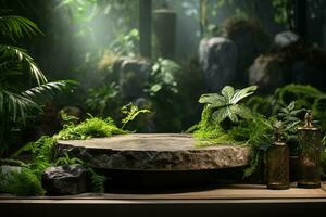 Natural rock stone podium for product display in front of the forest generative by ai photo