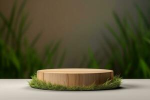 Round wood podium with grass and plants in the background for product display generative by ai photo