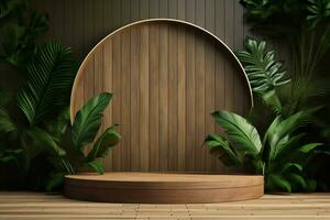 Wood pedestal podium with leaf in background for product presentation generative by ai photo