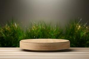 Round wood podium with grass and plants in the background for product display generative by ai photo