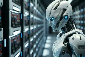 White robot standing Infront of data server racks generative by ai photo