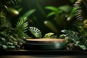 Podium mockup around with plants for product display generative by ai photo