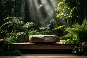 Natural rock stone podium for product display in front of the forest generative by ai photo