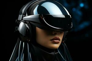 un joven mujer vistiendo un virtual realidad auriculares generativo por ai foto