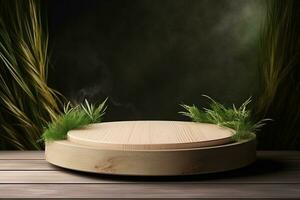 Round wood podium with grass and plants in the background for product display generative by ai photo
