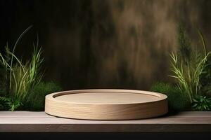 Round wood podium with grass and plants in the background for product display generative by ai photo