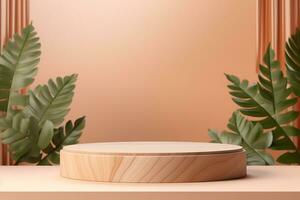 Wood pedestal podium with leaf in background for product presentation generative by ai photo