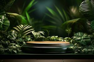 Podium mockup around with plants for product display generative by ai photo