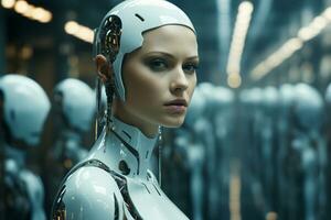 artificial girl wearing a futuristic suit standing in front of robots generative by ai photo