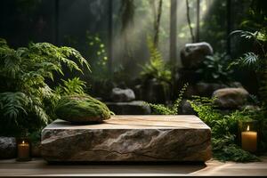 Natural rock stone podium for product display in front of the forest generative by ai photo