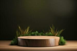 Round wood podium with grass and plants in the background for product display generative by ai photo