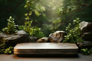 Natural wooden podium for product display in front of the forest generative by ai photo