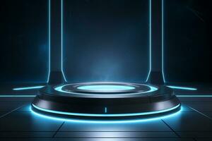 Futuristic illuminated pedestal podium mockup for product presentation generative by ai photo