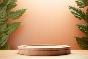 Wood pedestal podium with leaf in background for product presentation generative by ai photo