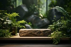 Natural rock stone podium for product display in front of the forest generative by ai photo